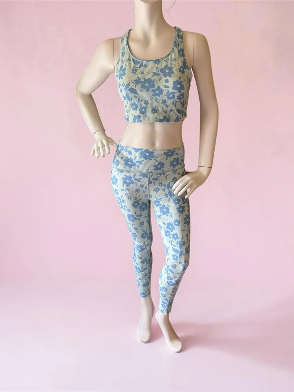 Peloton Blue Floral on Cream/Green Striped Women's Sports Bra & Leggings Set, M